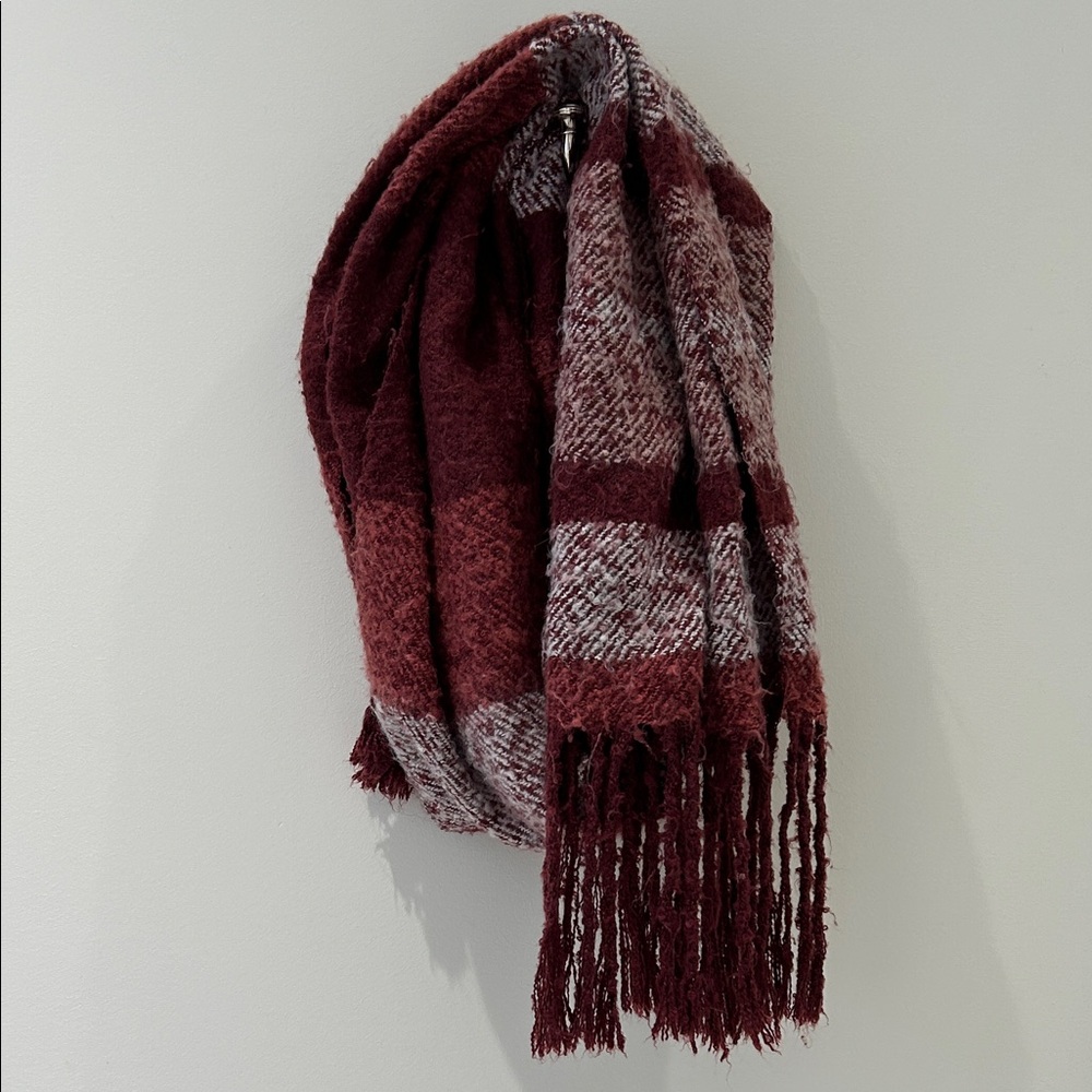 Cozy Burgundy and White Plaid Blanket Scarf